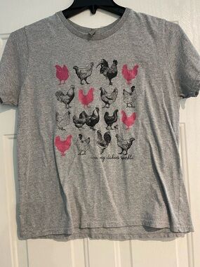 Gray Tee with Pink & Black Chicken Graphic
